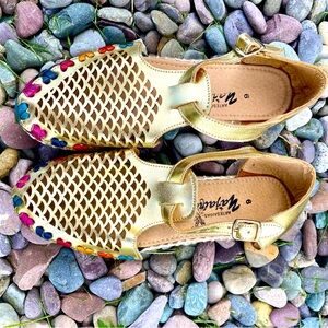 Women’s Huarache Shoes/Sandals. Shimmering Gold with Colorful Leather Sides.